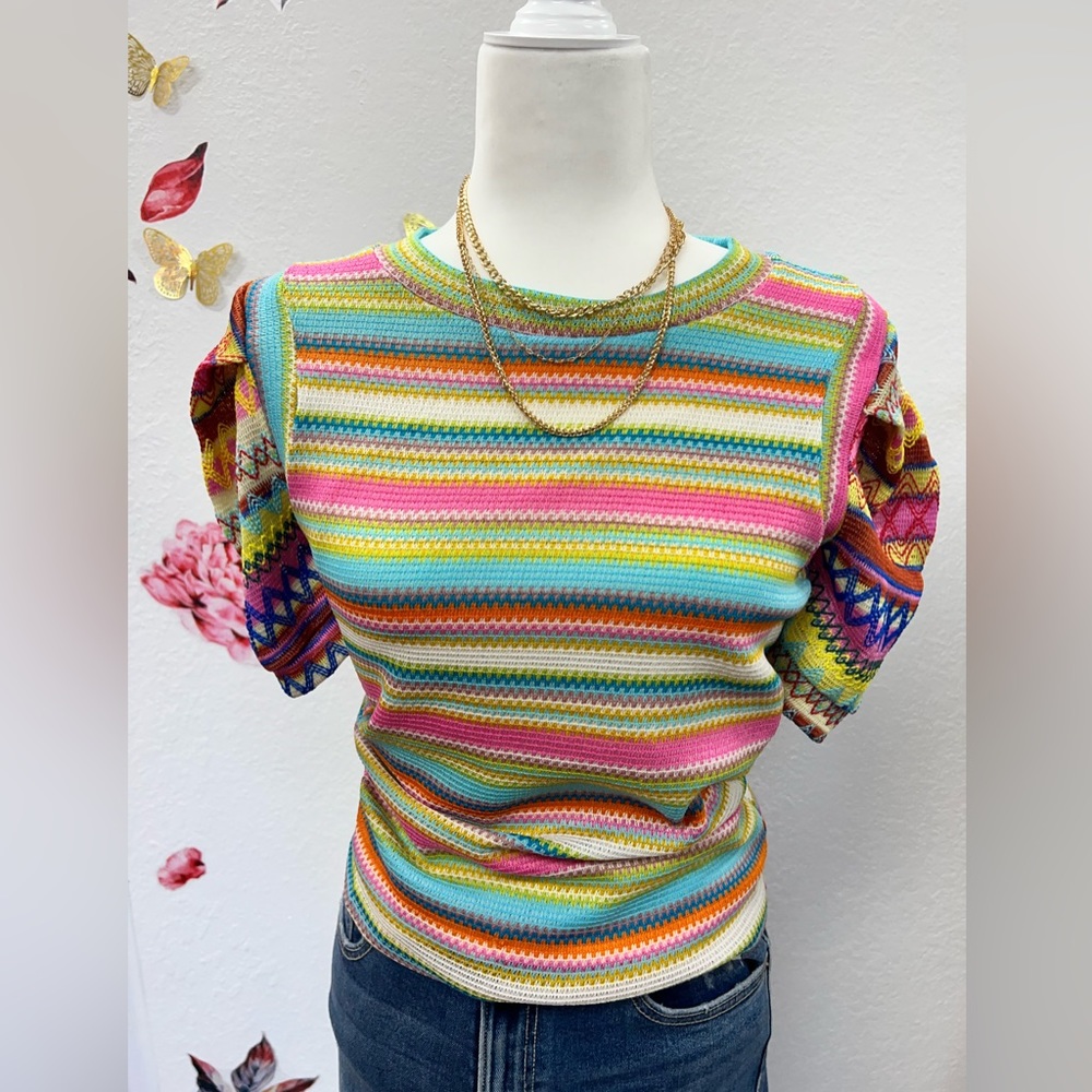 G.P.D Diego Knit Colorful Puff Sleeve Top